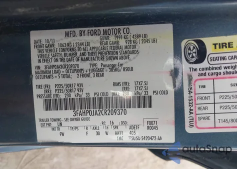 2012 Ford Fusion Sel from USA, damaged, VIN 3FAHP0JA2CR209370